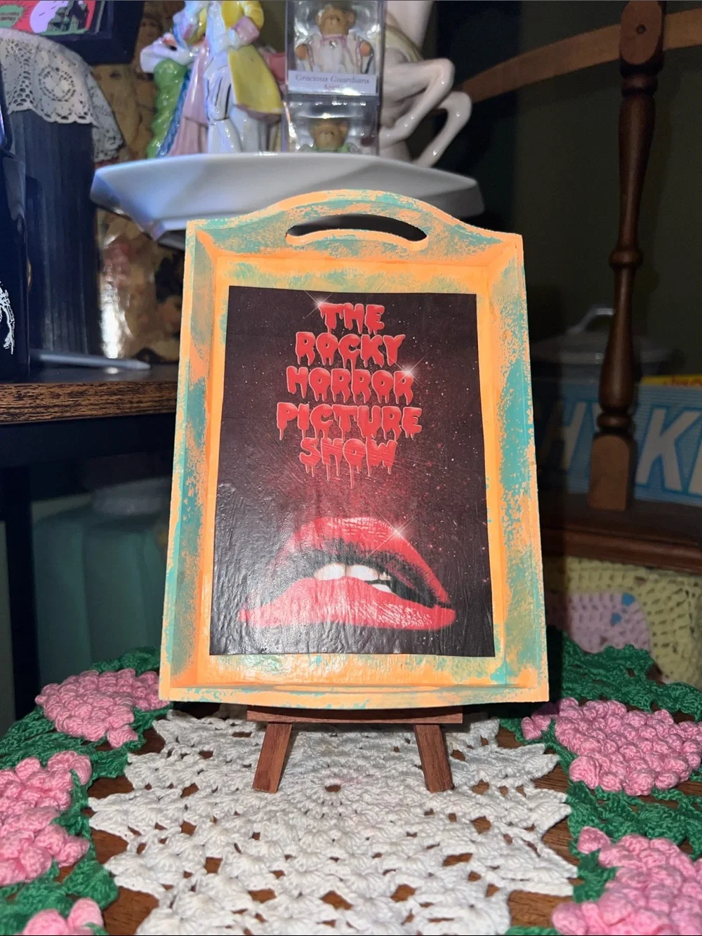 Rocky Horror Picture Show Themed Orange and Teal wooden trinket dish